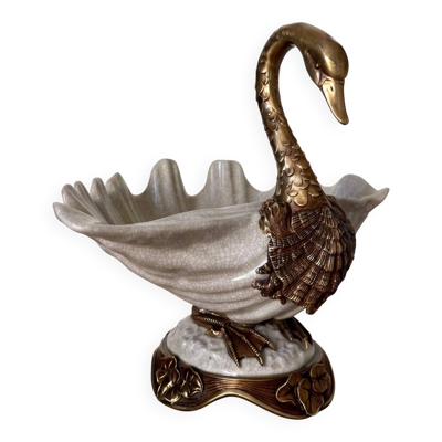 Coupe centre de table décorative au cygne en bronze et porcelaine craquelée – style art nouveau / hollywood regency
