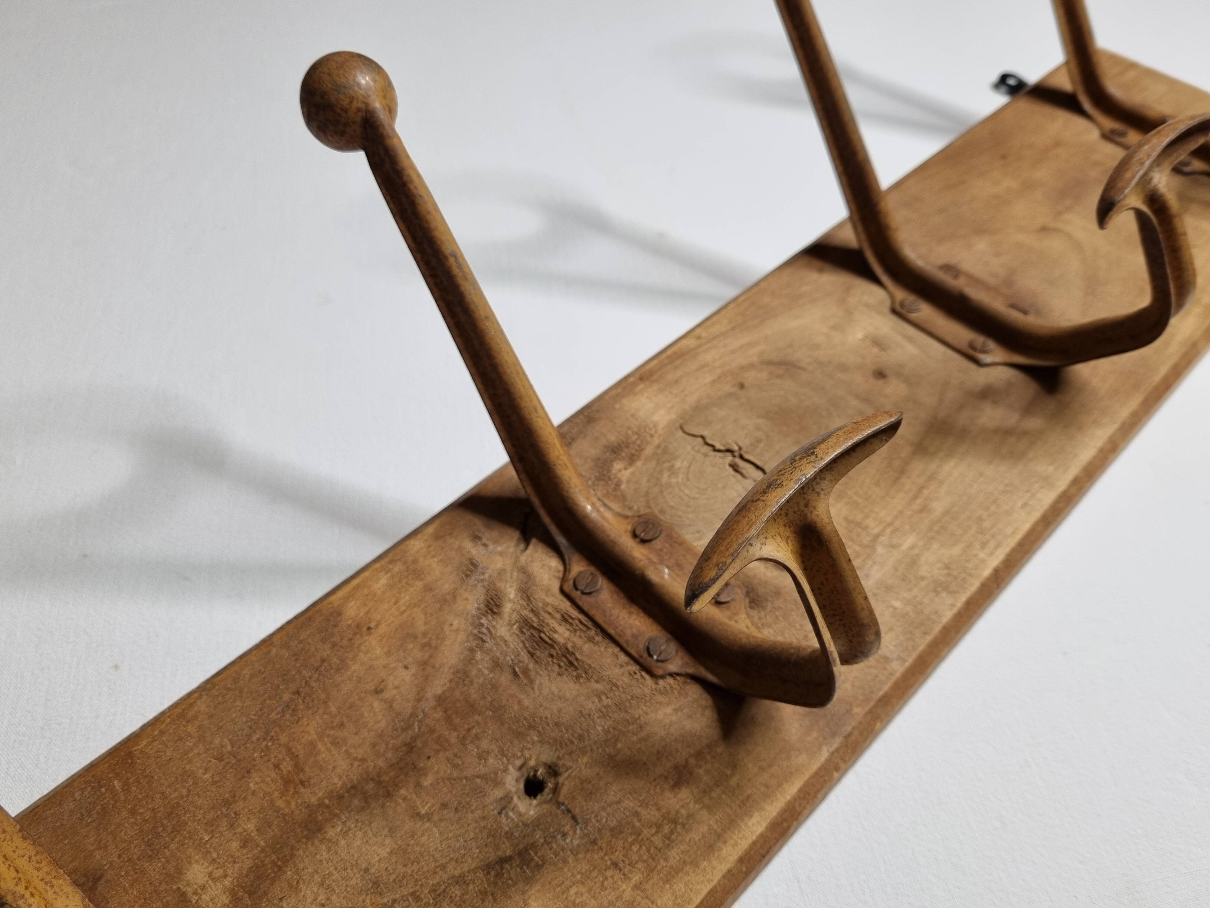 School wall coat rack, old, 5 hooks, 81 cm