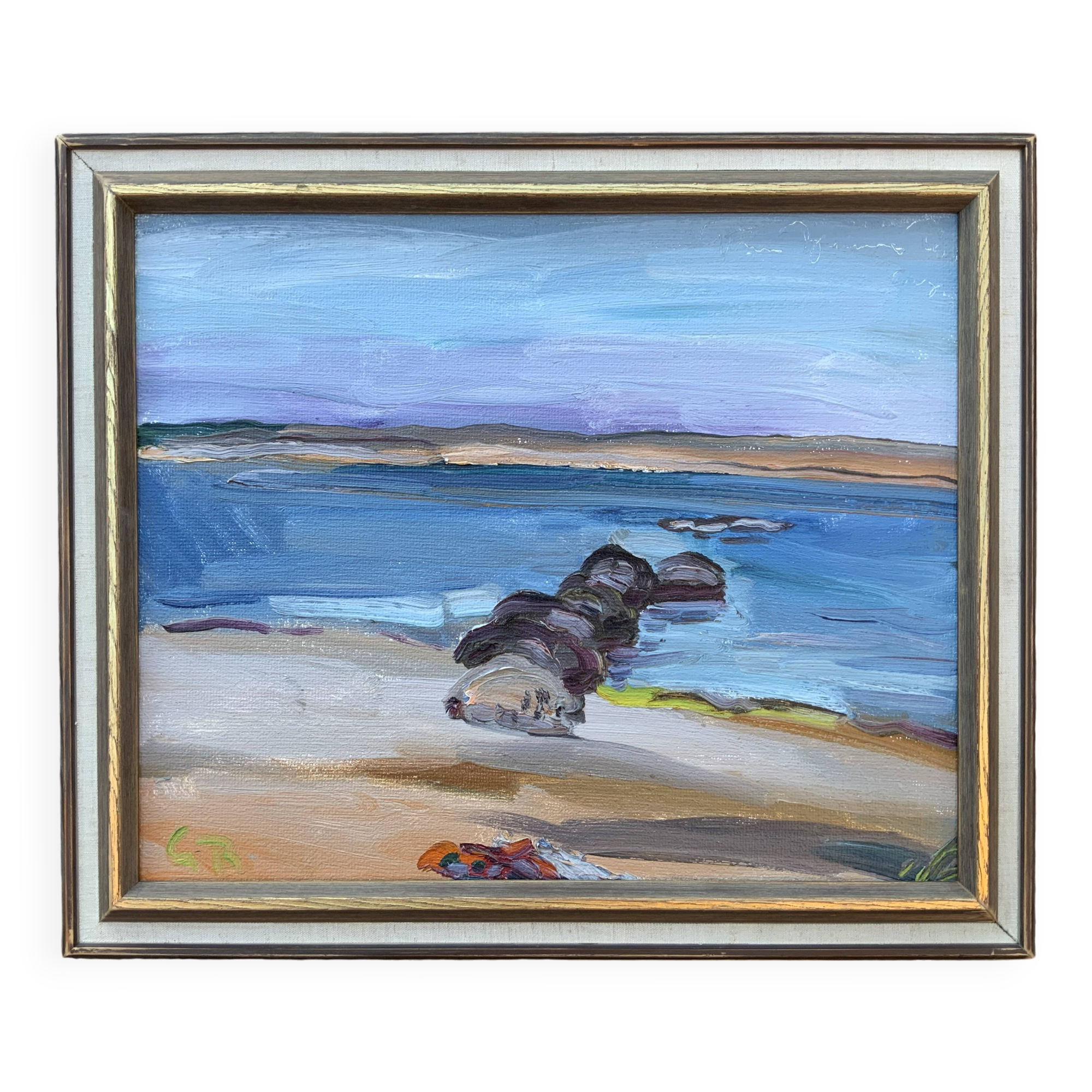 Vintage Swedish Modernists Oil Painting Blue Seascape by G.B. Mid 20th century