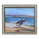 Vintage Swedish Modernists Oil Painting Blue Seascape by G.B. Mid 20th century