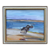 Vintage Swedish Modernists Oil Painting Blue Seascape by G.B. Mid 20th century