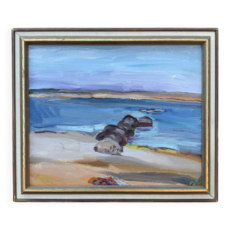 Vintage Swedish Modernists Oil Painting Blue Seascape by G.B. Mid 20th century