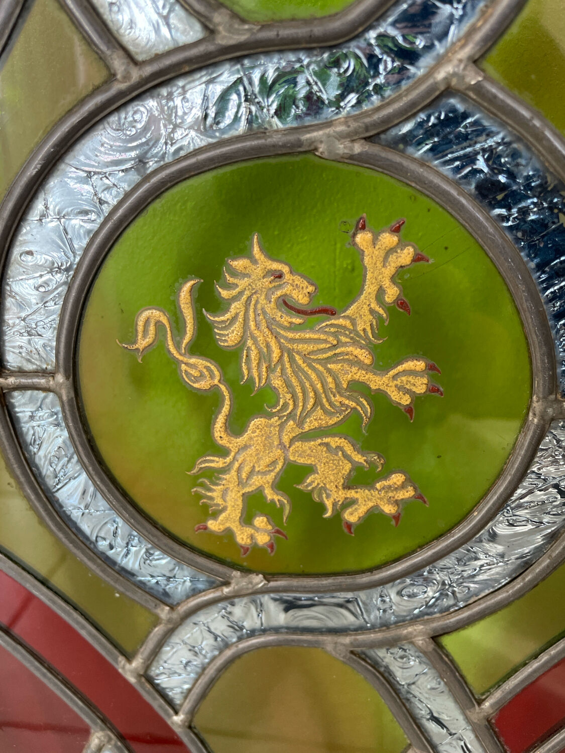 Traditional decorative stained glass – heraldic motif – wooden frame