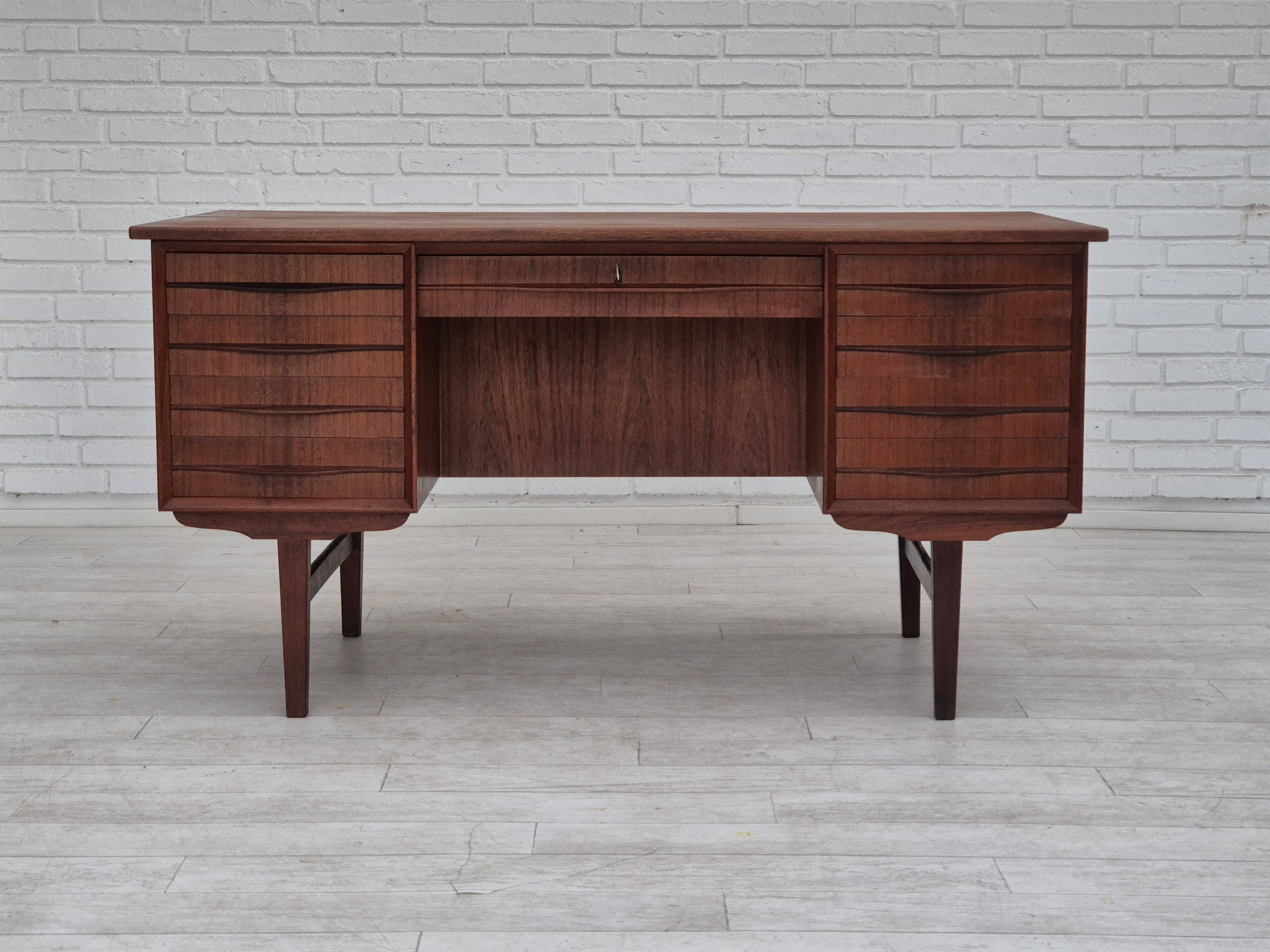1960s, Danish double-sided, free standing desk, original condition, teak wood, drawers, sliding door