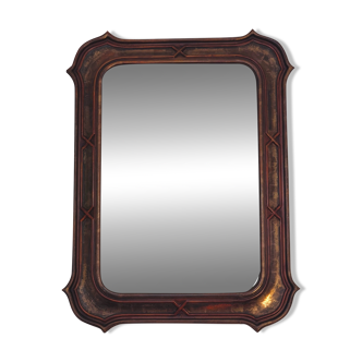 Miroir italien sculpté bois patiné brun doré, cadre architectural années 60