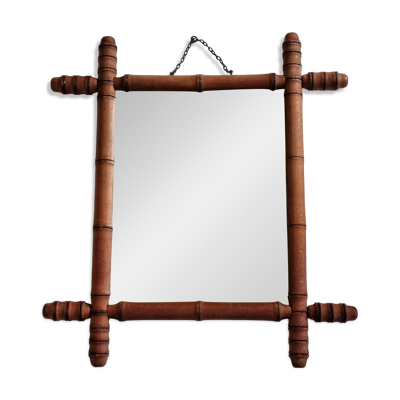 Miroir ancien en bois tourné à l'imitation du bambou, 43 x 49 cm