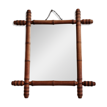 Miroir ancien en bois tourné à l'imitation du bambou, 43 x 49 cm