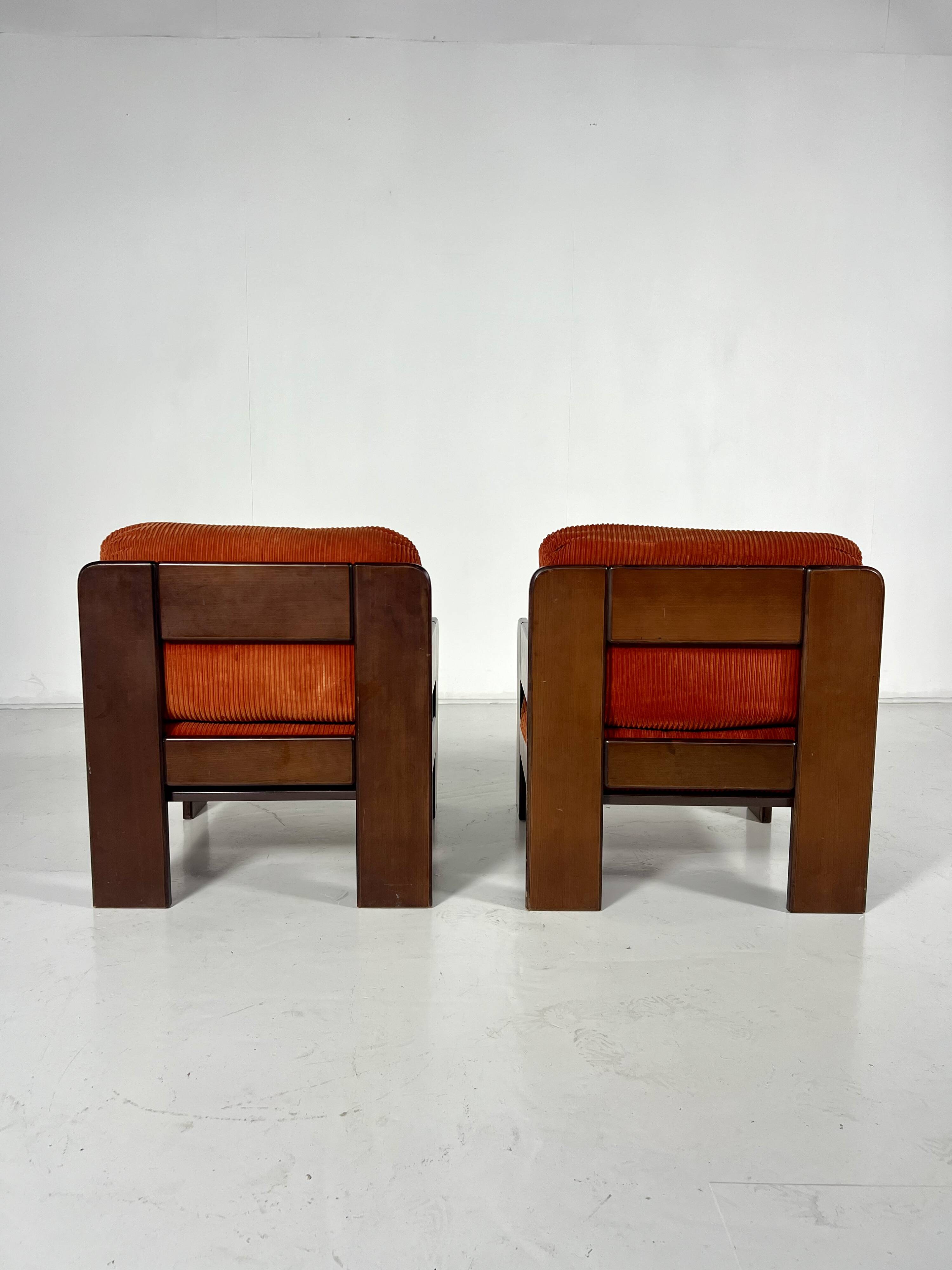 Mid-Century Armchairs, Original Orange Velvet, Italy, 1970s