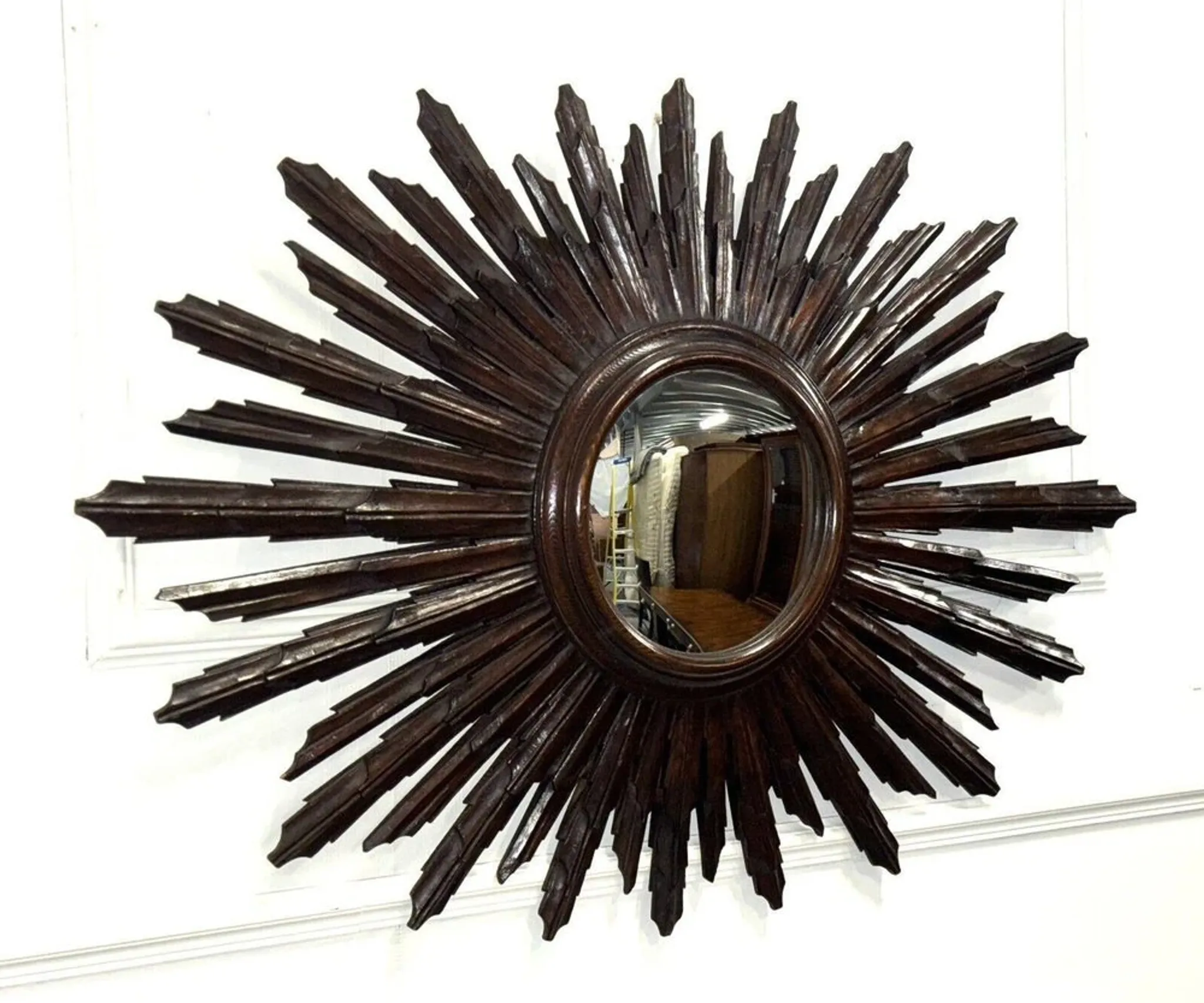 Vintage Brown Wood Convex Wall Mirror Sunburst, Spain, 1940
