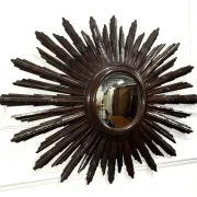 Vintage Brown Wood Convex Wall Mirror Sunburst, Spain, 1940