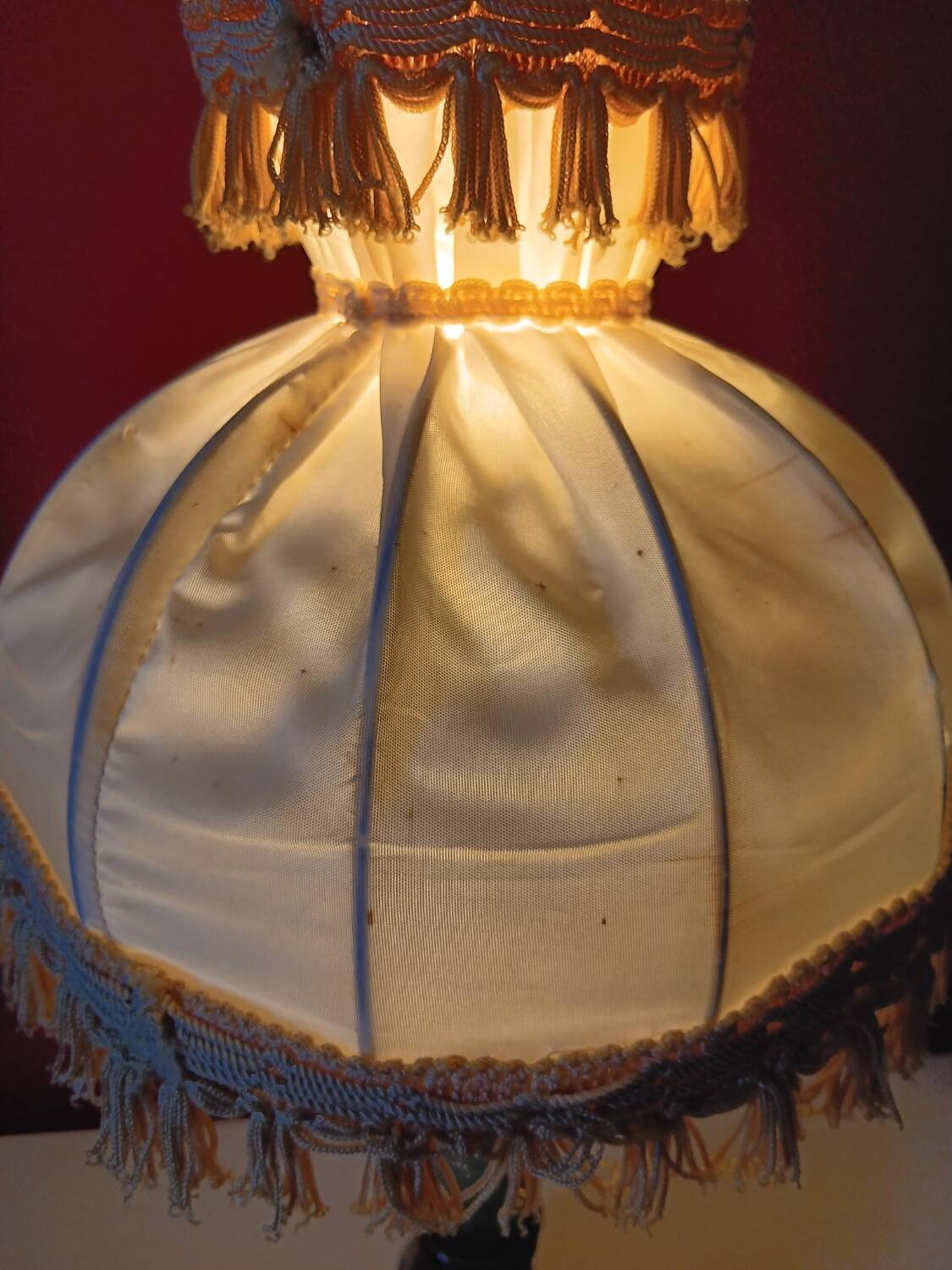 Antique lamp with green marble and bronze – fringed lampshade