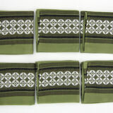 6 olive green Dralon napkins - white geometric patterns - vintage 60s