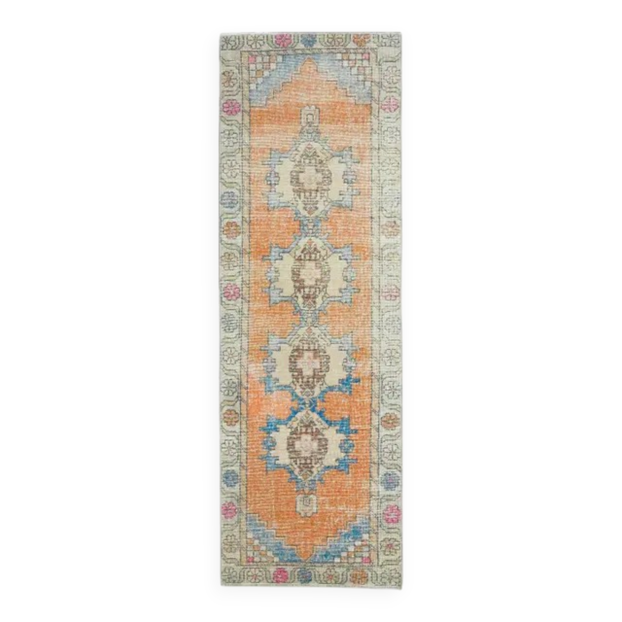 1970s Vintage Turkish Hand-Knotted Wool Cotton Orange Runner Rug 82x261