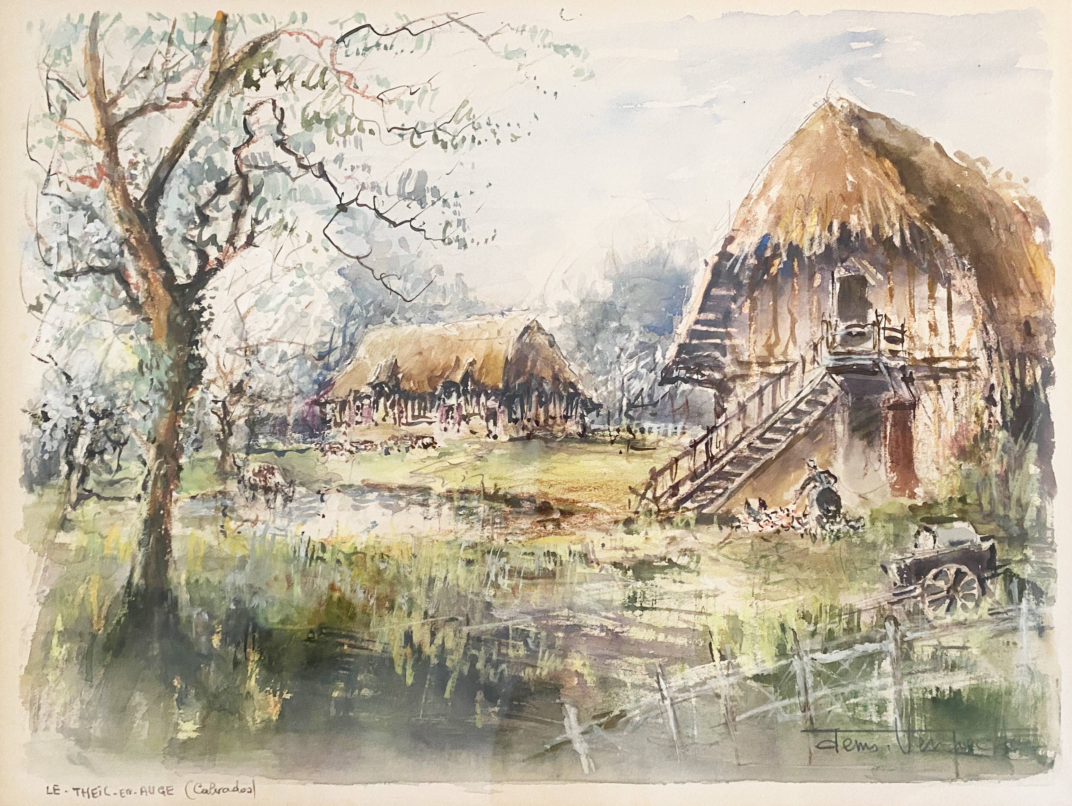 Watercolor painting "Le Theil en Auge" by Denis Verspecht (1919/1991) Calvados