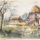 Tableau Aquarelle "Le Theil en Auge" par Denis Verspecht (1919/1991) Calvados
