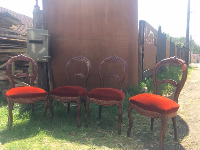 lot of 4 chairs Castle Chippendale, Louis XV late 1800s red velvet