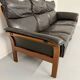 Vintage black leather Dreipunkt Scala design 3-seater sofa in teak.