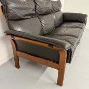 Vintage black leather Dreipunkt Scala design 3-seater sofa in teak.