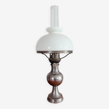 Kosmos Brenner Pewter Oil Lamp With White Opaline Globe