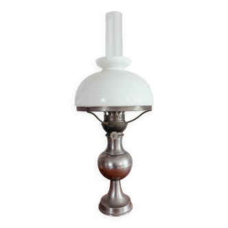 Kosmos Brenner Pewter Oil Lamp With White Opaline Globe