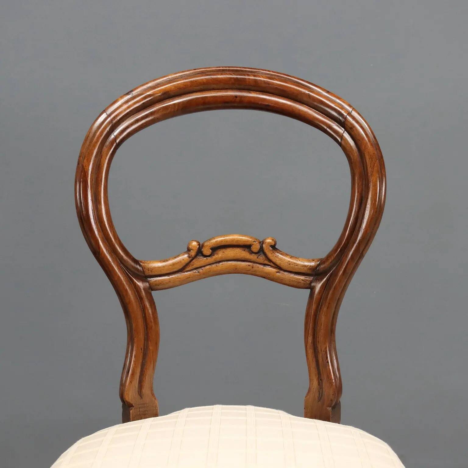 Antique Louis-Philippe chairs in walnut and fabric, Italy, 19th century.