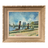 Péniche parisienne à quai, huile sur toile marouflée