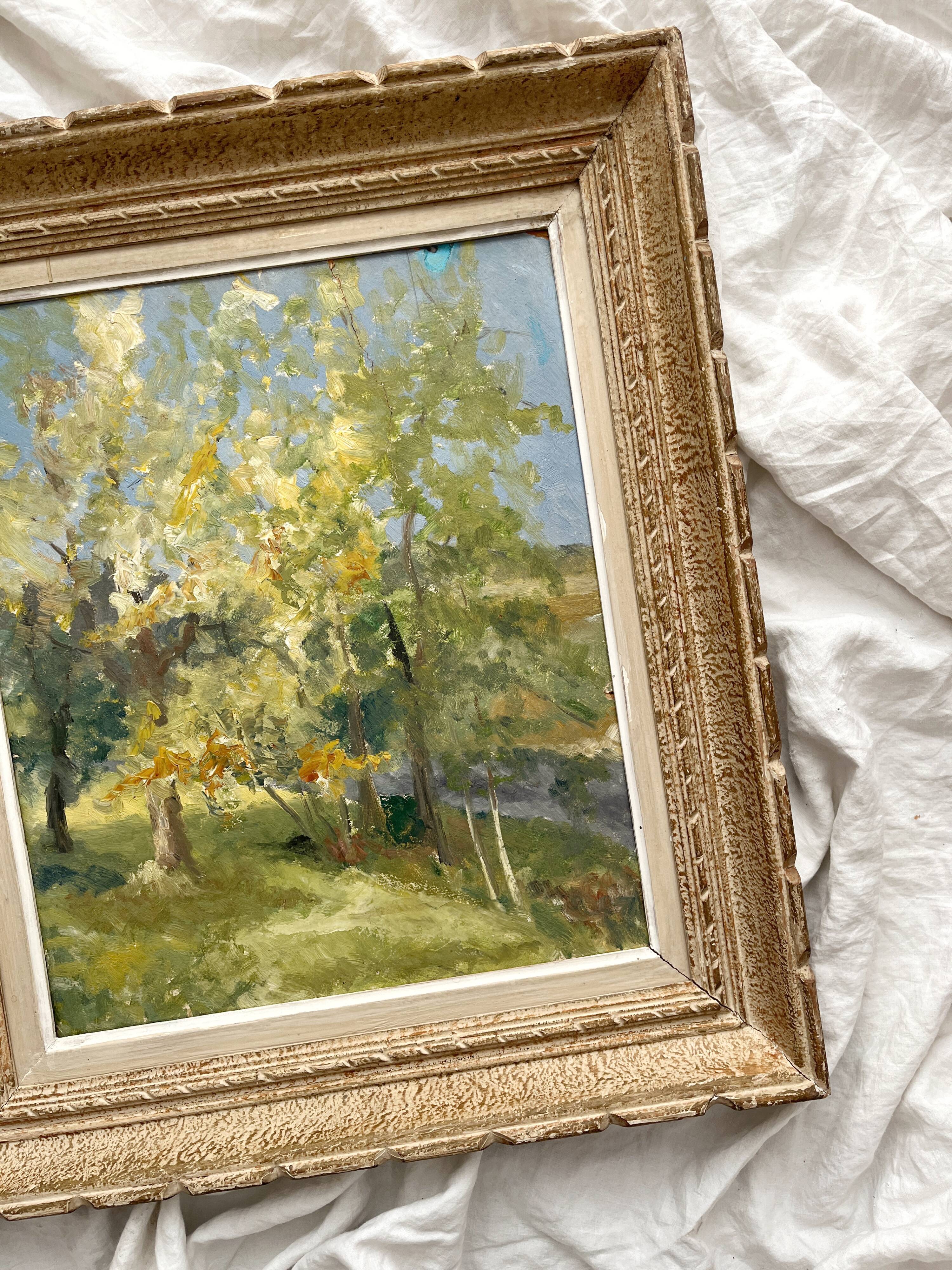 Antique painting, oil on cardboard depicting a landscape