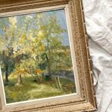 Tableau ancien, peinture à l'huile sur carton évoquant un paysage