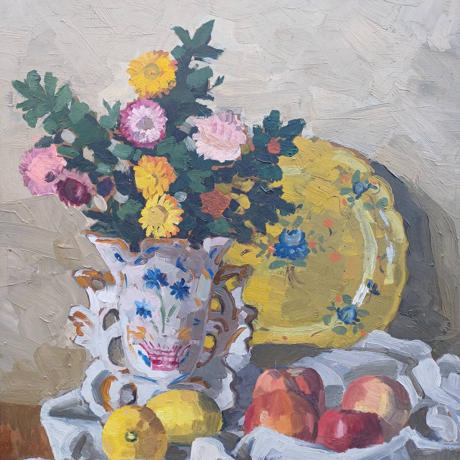 Peinture ancienne vase de marié avec son bouquet
