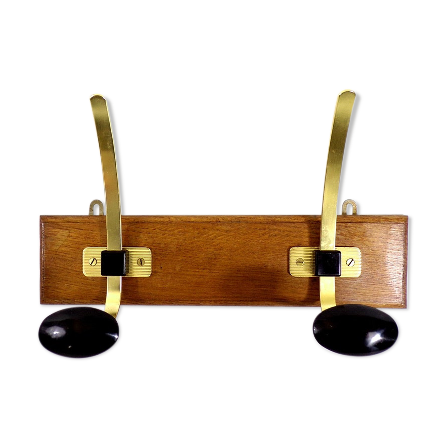 Vintage hook coat rack in gilded metal and vintage wood France
