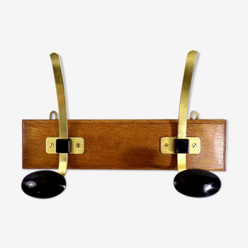 Vintage hook coat rack in gilded metal and vintage wood France