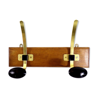 Vintage hook coat rack in gilded metal and vintage wood France
