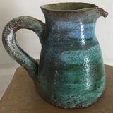Vintage broc pitcher in enamelled sandstone with effect of blue shades, turquoise green signed