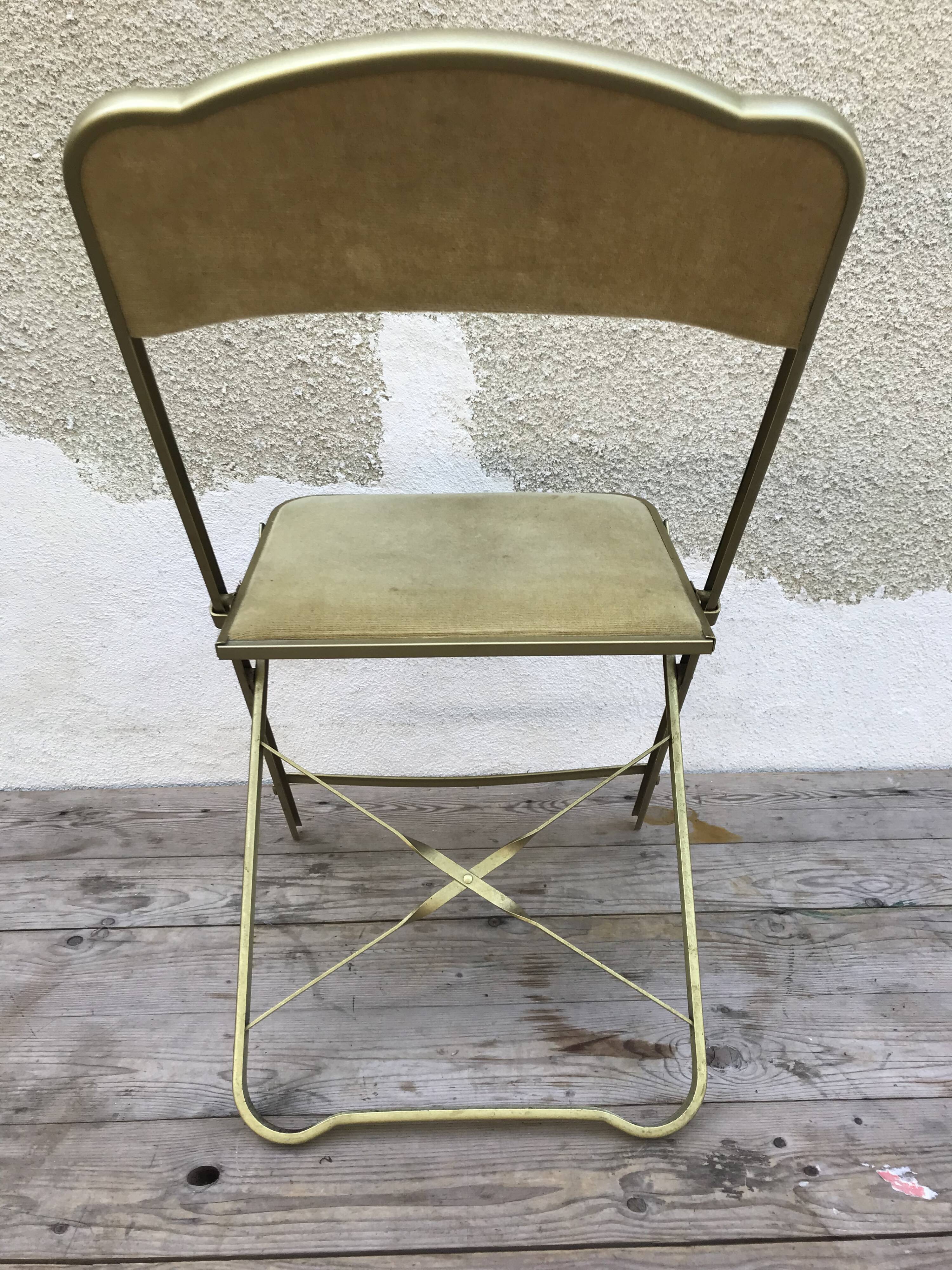 Folding metal and  velvet green chair 70s
