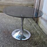 round table with tulip base, chrome and smoked glass