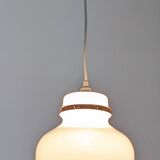 Suspension in white opaline with chrome trim, France circa 1970.