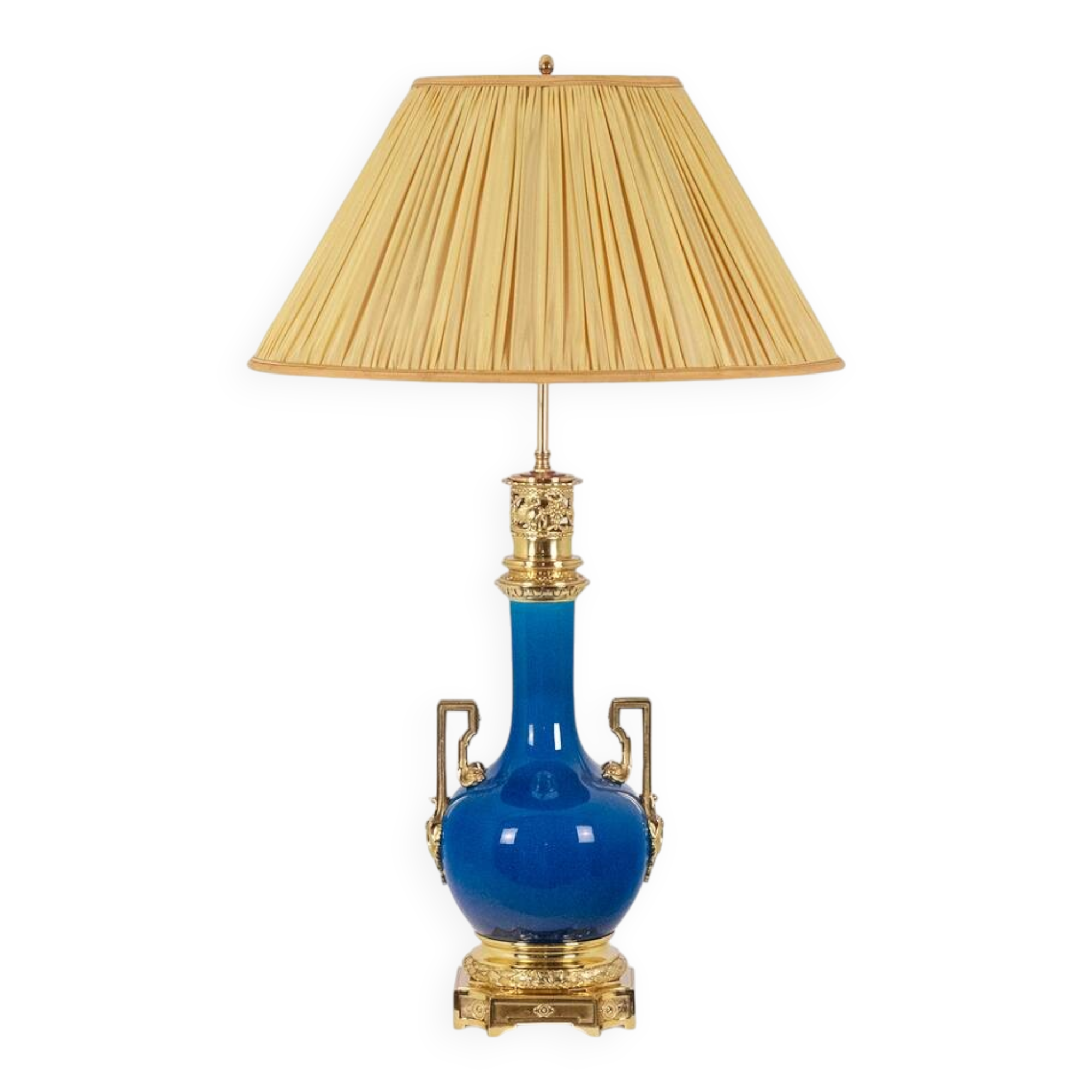 Lamp with handles in blue porcelain and gilded bronze. Circa 1880.