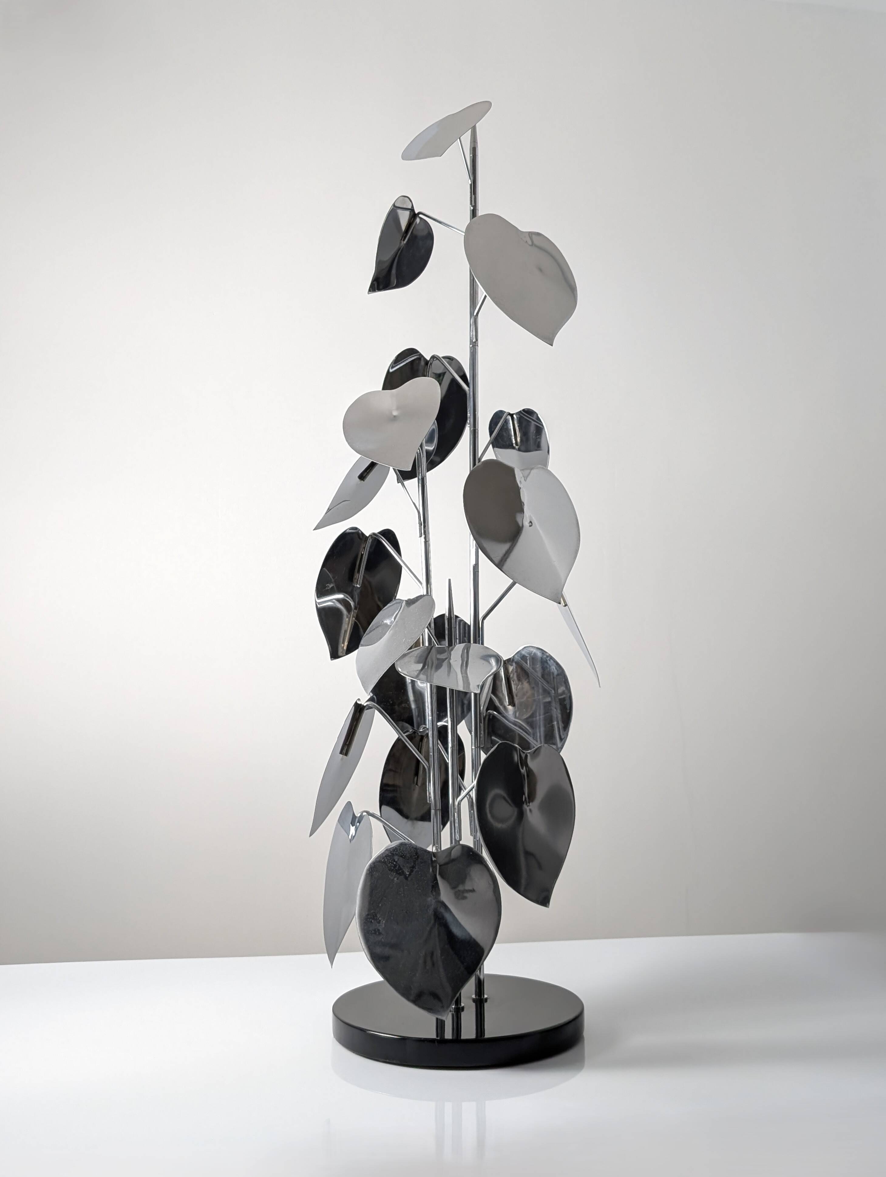 Standing sculpture with chrome leaves and circular base, 1970s