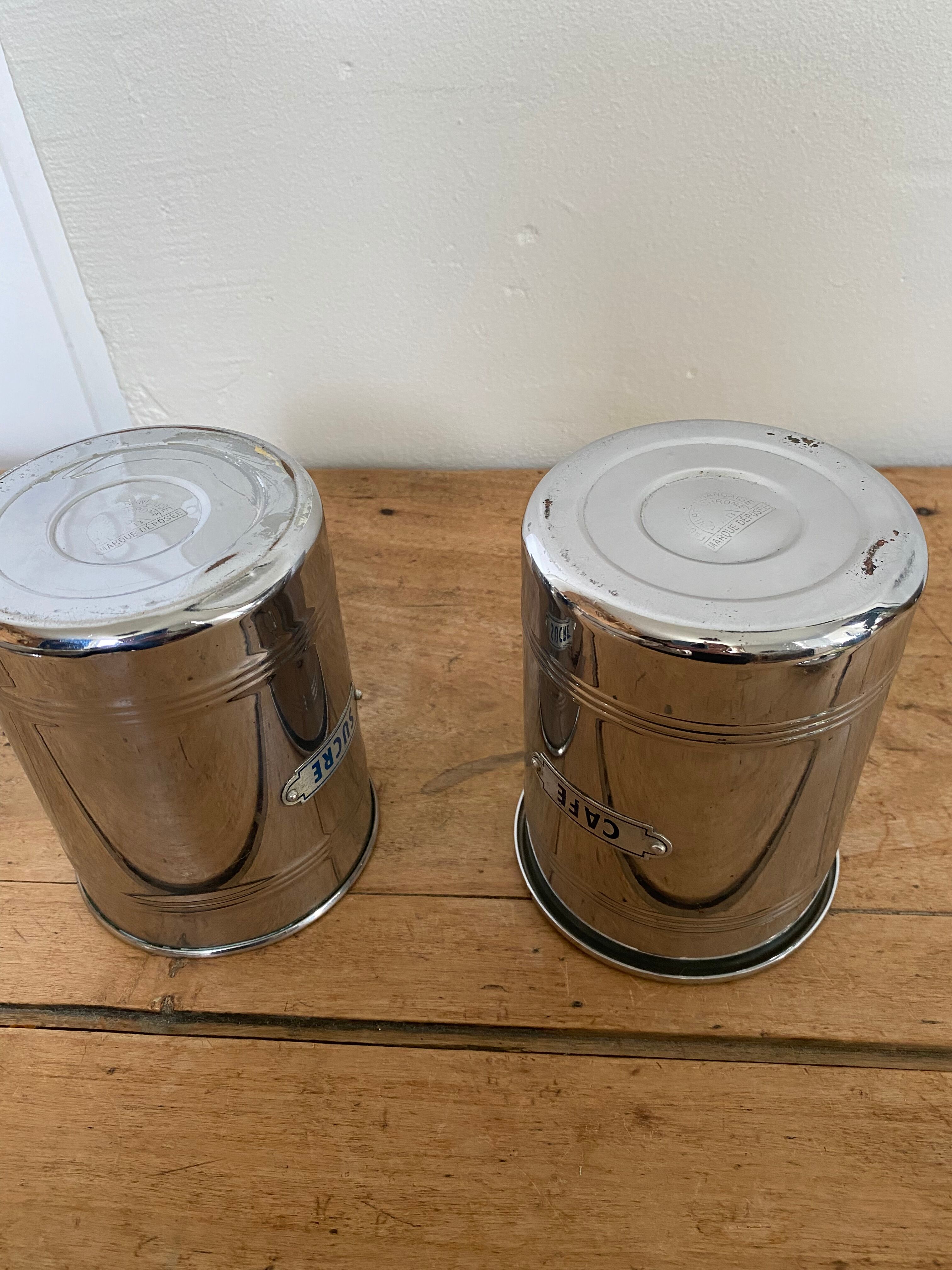 Set of two chrome-plated copper coffee/sugar jars stamped