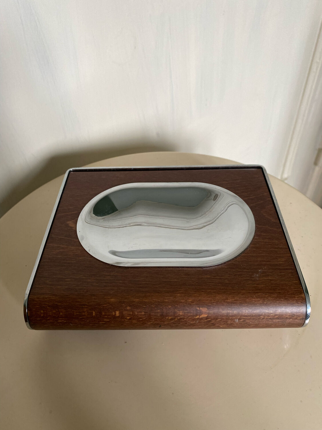 Wall soap holder design chrome and walnut wood