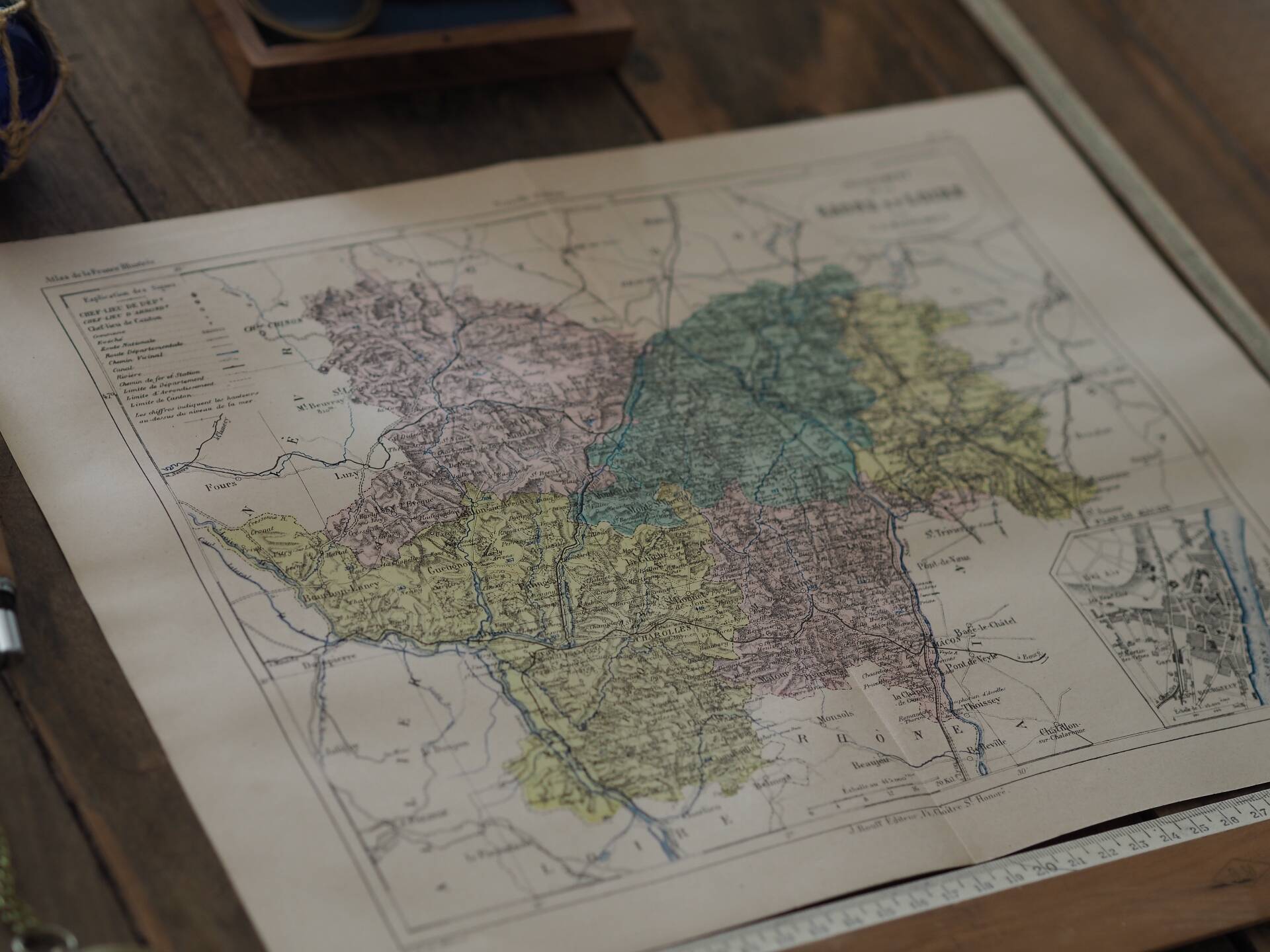 Saône and Loire, old map printed in 1883.