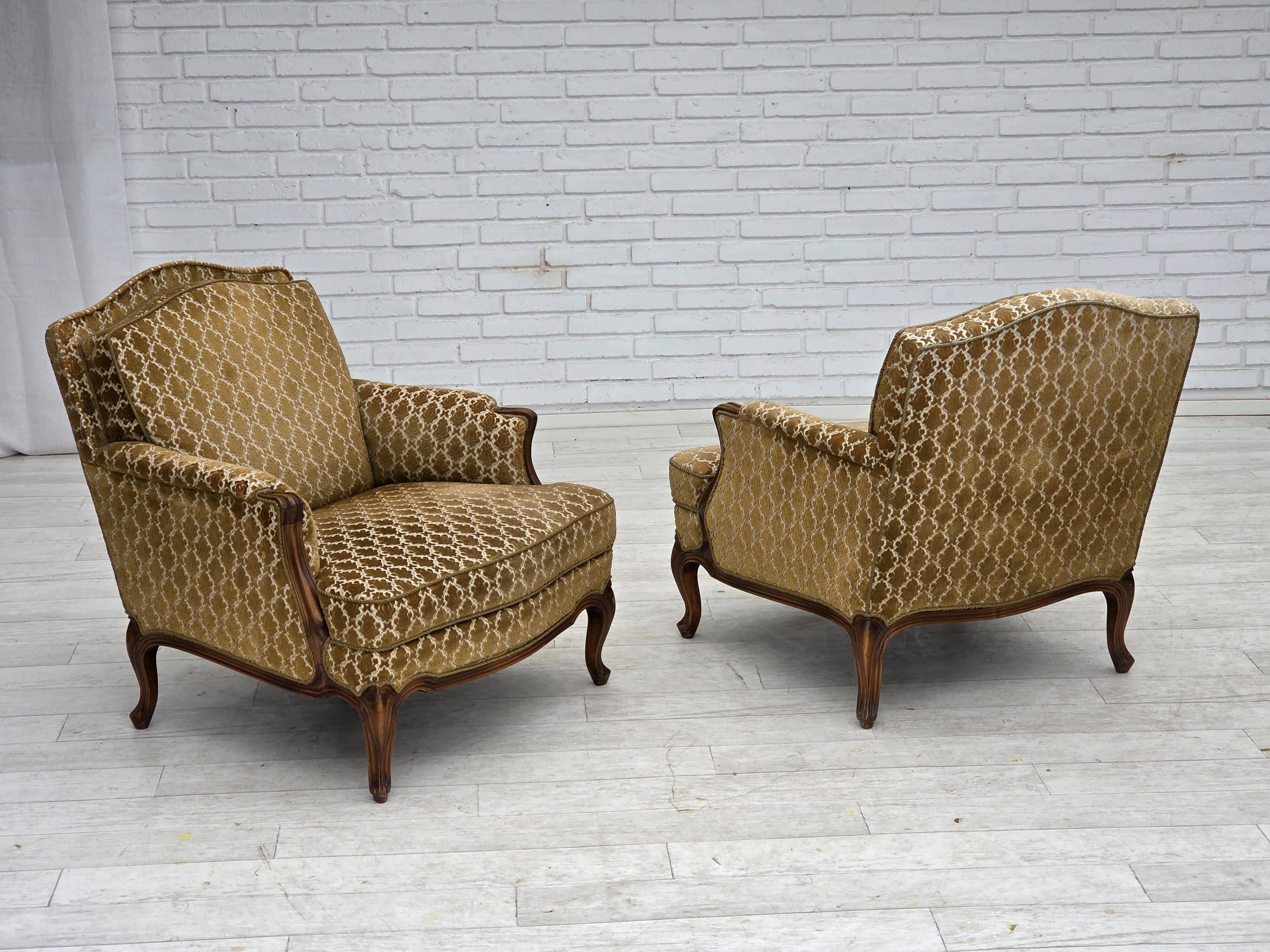 1950s, Danish relax chair, furniture velour, carved ash wood.