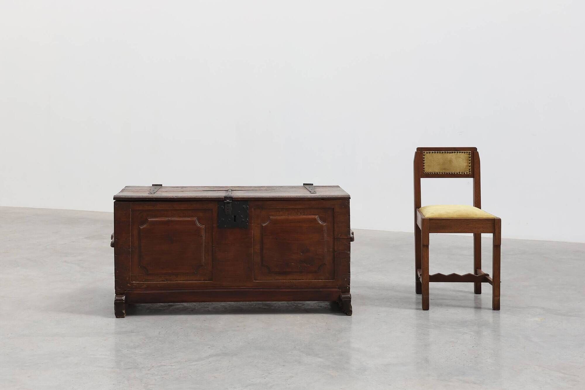 Flemish Oak Blanket Chest with panelled front and iron lock, dated 1825
