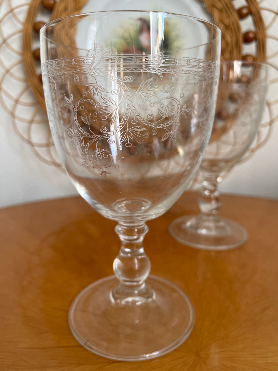 Set of two engraved glass wine glasses