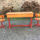 Vintage children's desk 2 places wood and metal with its 2 chairs.