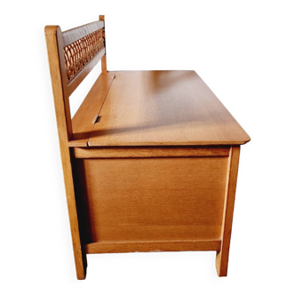 Banc coffre chêne et rotin 1960