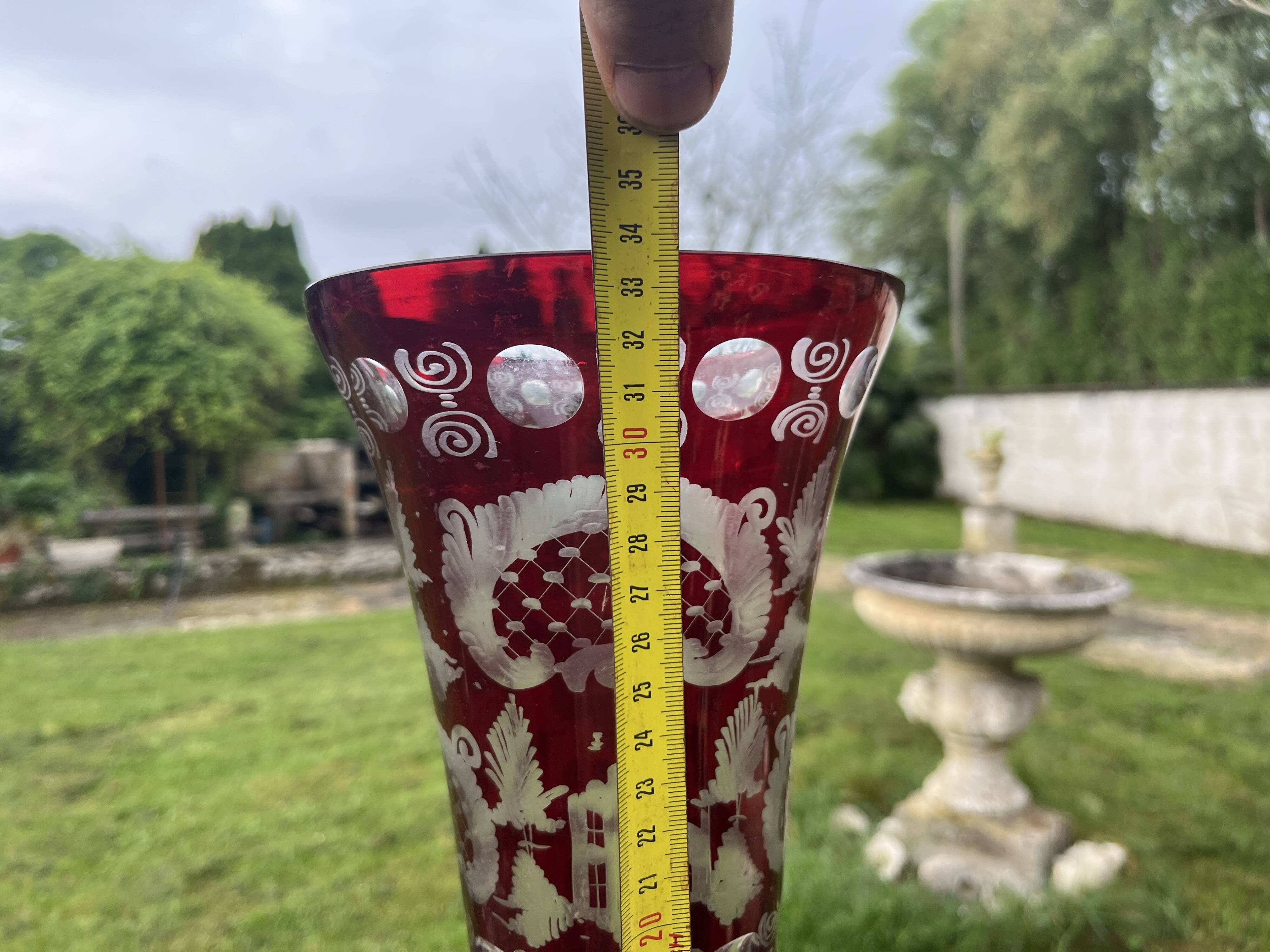 Ruby red crystal vase with peacock castle engraving - Bohemian style