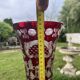 Ruby red crystal vase with peacock castle engraving - Bohemian style