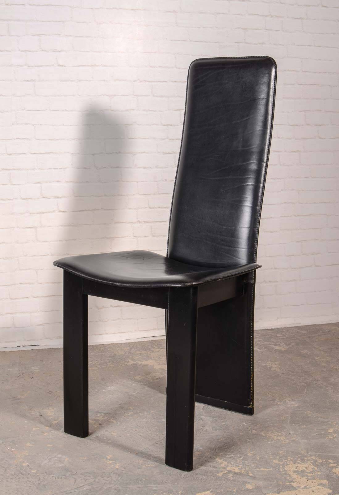 Cidue Style Black Sadle Leather High Back Italian Design Dining Chairs 70s