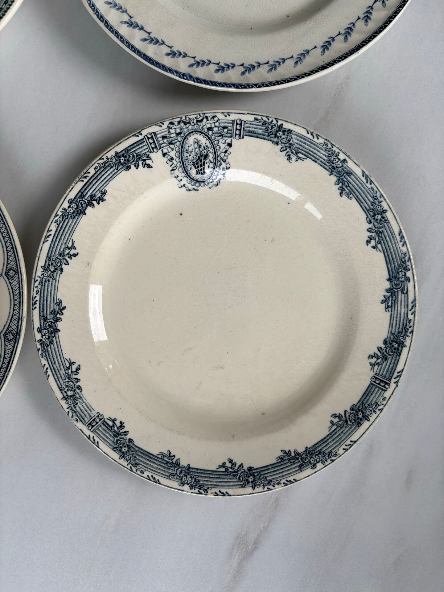 Lot of 4 blue ironstone plates, antique French faience - te